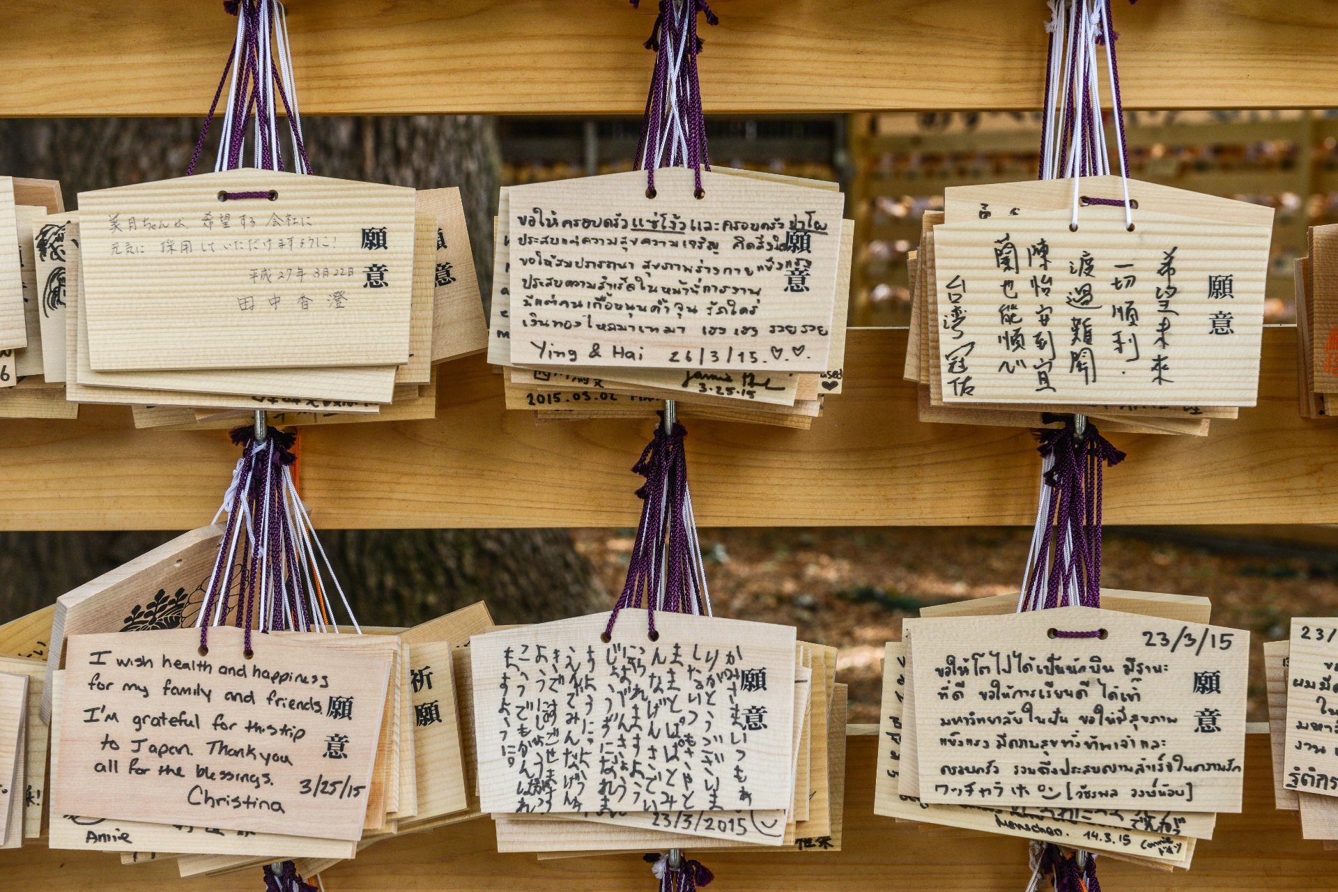 Ema-tavlor vid Meiji Jingu-templet med besökarnas önskningar och böner