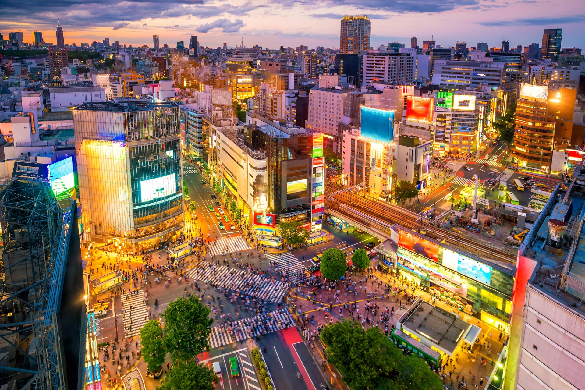 Shibuya-korsningen i Tokyo är fylld med neonljus och stora skärmar
