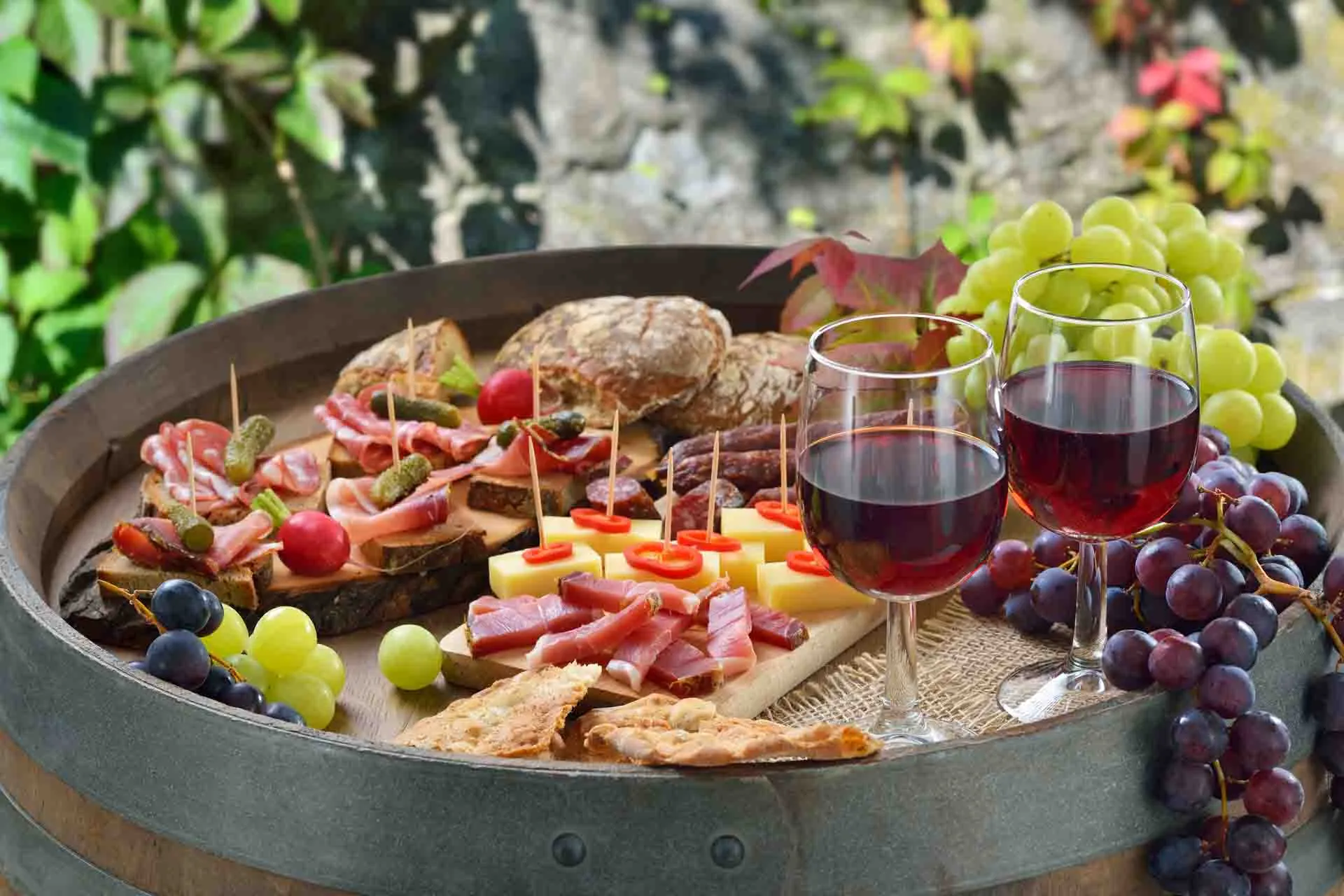 Italienska antipasti med vin och druvor Italienska antipasti med vin och druvor