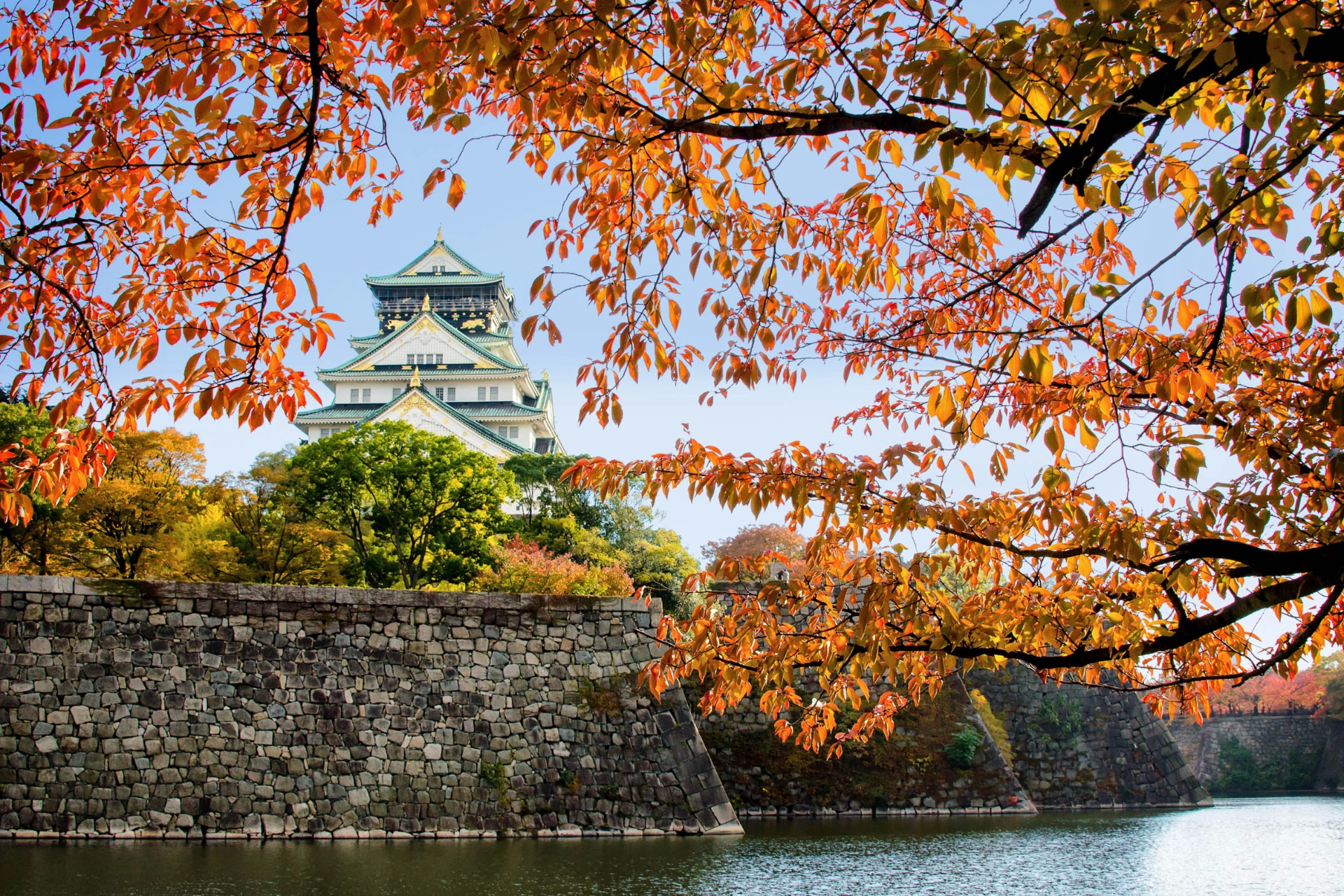 Osaka Castle, inramad av vackra höstfärger