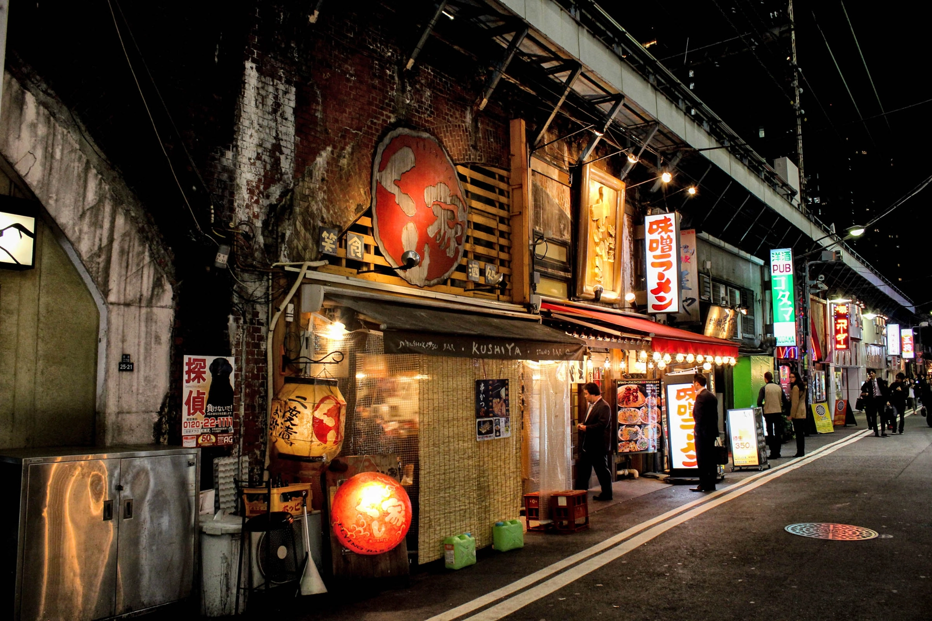 Stämningsfull gata i Tokyo med autentiska, intima matställen under järnvägsspåren