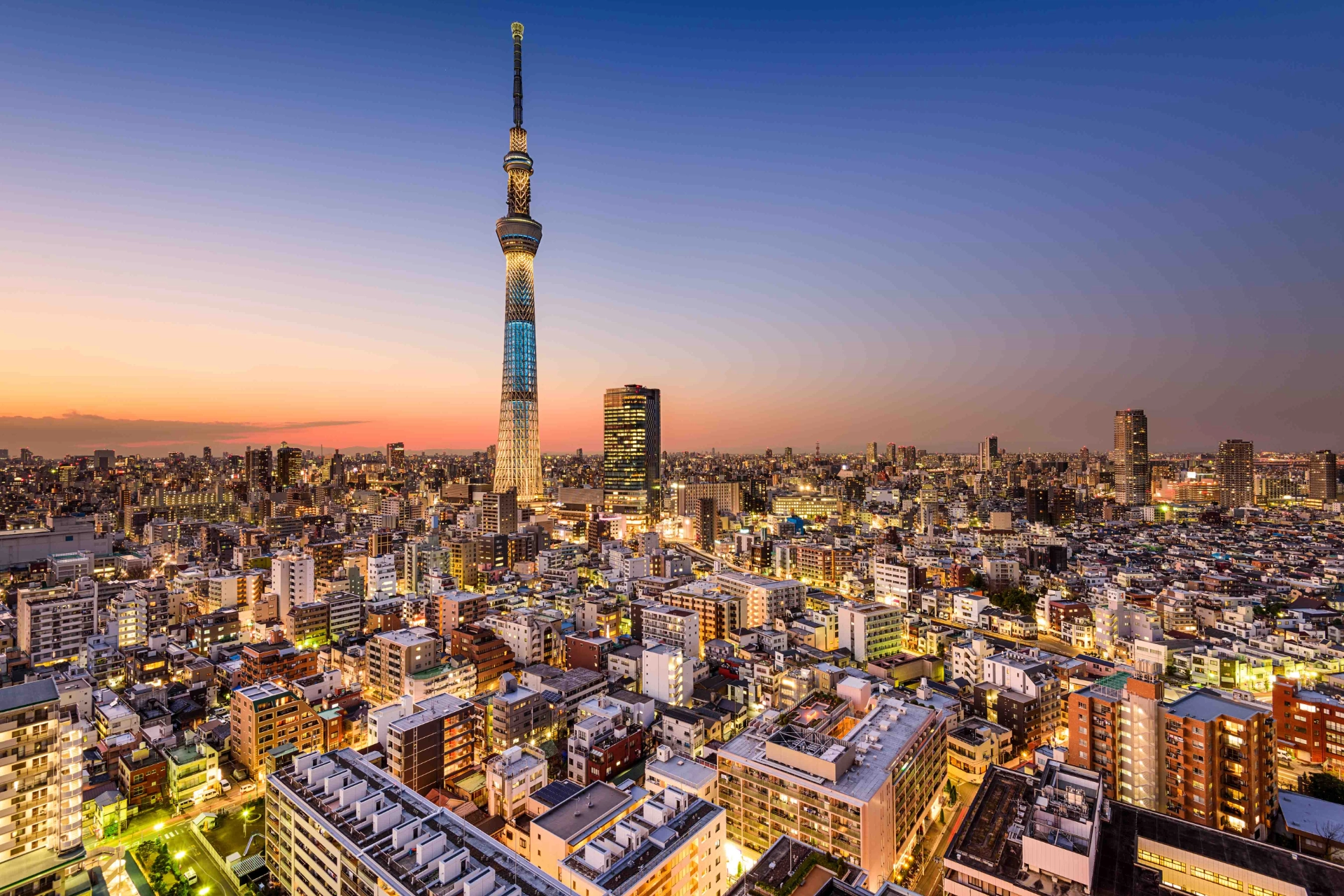 Panoramautsikt över Tokyo med det ikoniska Tokyo Skytree i centrum