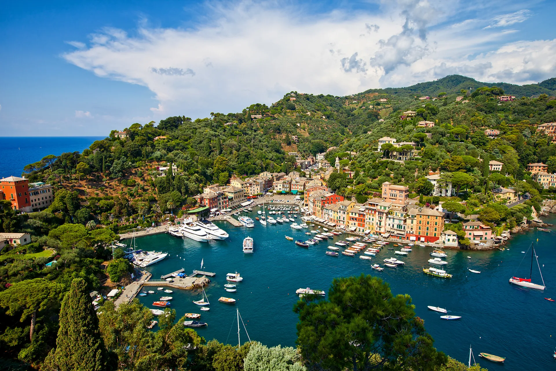 Utsikt över Portofino med småbåtshamn och färgglada hus Utsikt över Portofino med småbåtshamn och färgglada hus