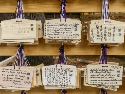 Ema-tavlor vid Meiji Jingu-templet med besökarnas önskningar och böner