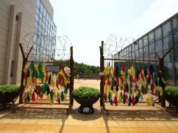 DMZ – färgglada band hängda på staketet symboliserar önskan om fred och återförening mellan Nord- och Sydkorea