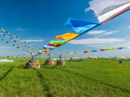 Ovooer med böneflaggor på stäppen