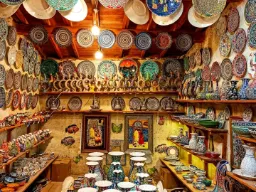 Butik med färgglada, handmålade keramikplattor, skålar och vaser i en mysig, rustik atmosfär Butik med färgglada, handmålade keramikplattor, skålar och vaser i en mysig, rustik atmosfär