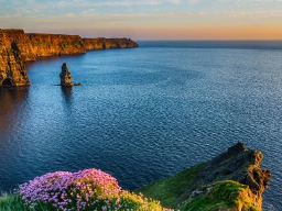 Cliffs of Moher i gyllene kvällsljus. Klippspiran i vattnet heter Branaunmore