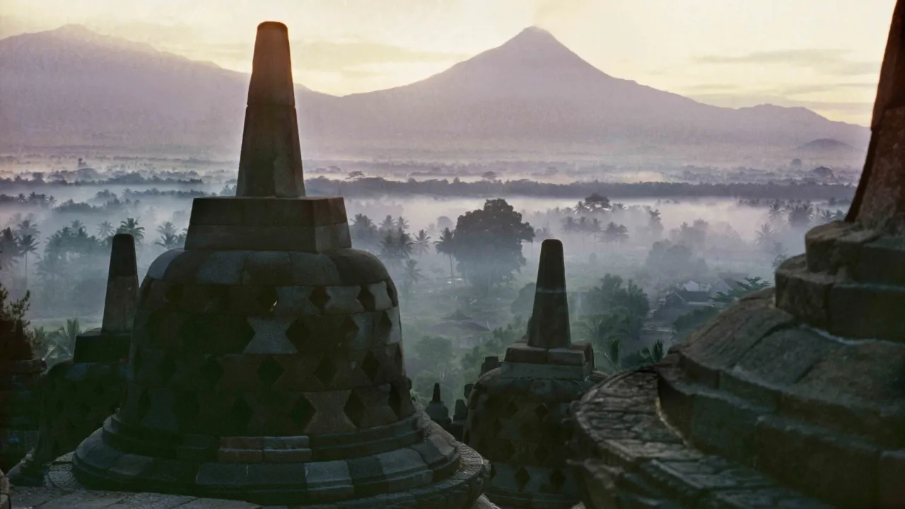 Soluppgång vid Borobudur-templet på Java Soluppgång vid Borobudur-templet på Java