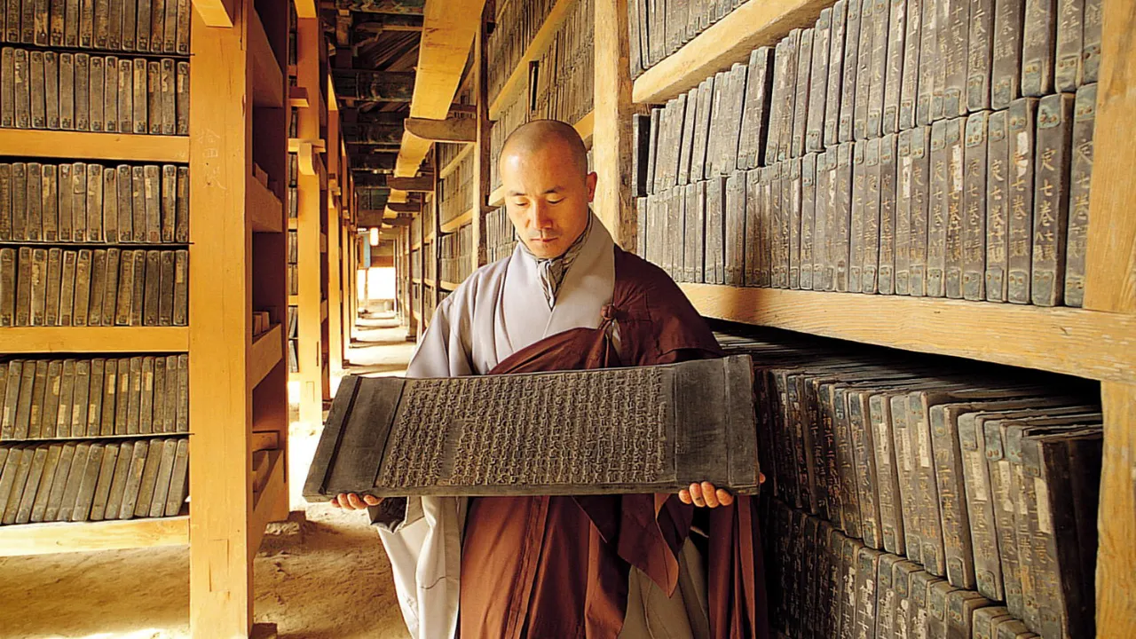 Buddhistisk munk studerar gamla träblock med buddhistiska skrifter Buddhistisk munk studerar gamla träblock med buddhistiska skrifter
