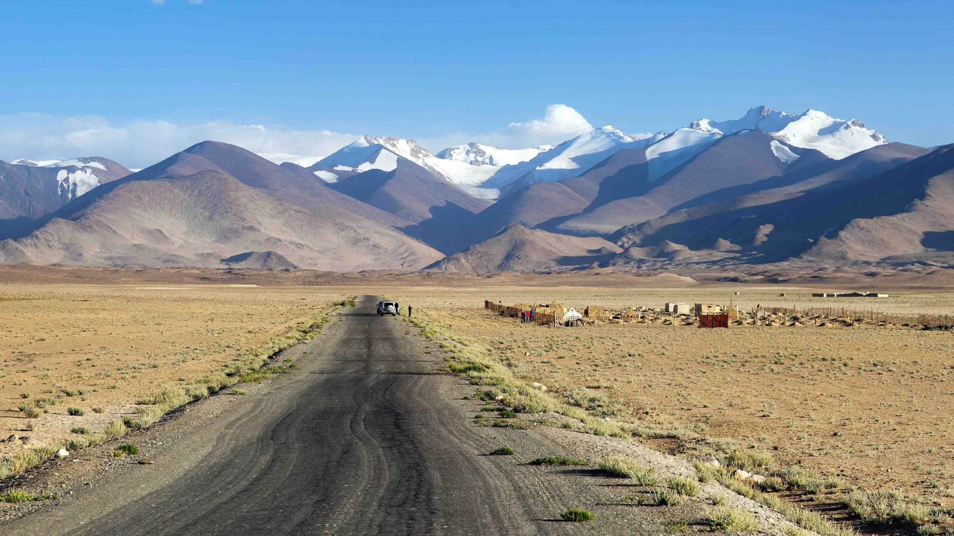 En öde och karg sträcka längs den berömda Pamir Highway med Tadzjikistans snötäckta bergstoppar i bakgrunden En öde och karg sträcka längs den berömda Pamir Highway med Tadzjikistans snötäckta bergstoppar i bakgrunden